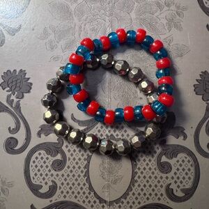 Red and Blue Beaded Bracelet Set